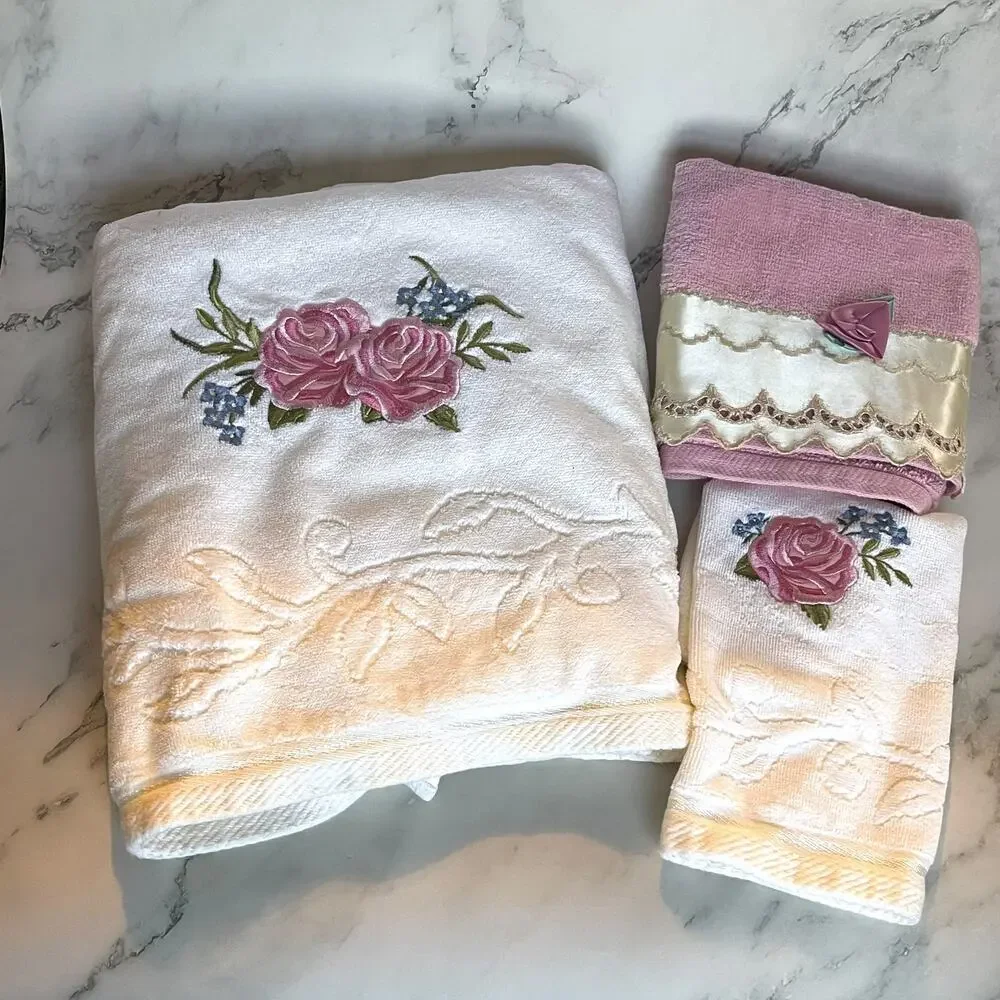 Vintage After Bath Luxury 3pc Towel Set Pink Rose Floral Made in USA